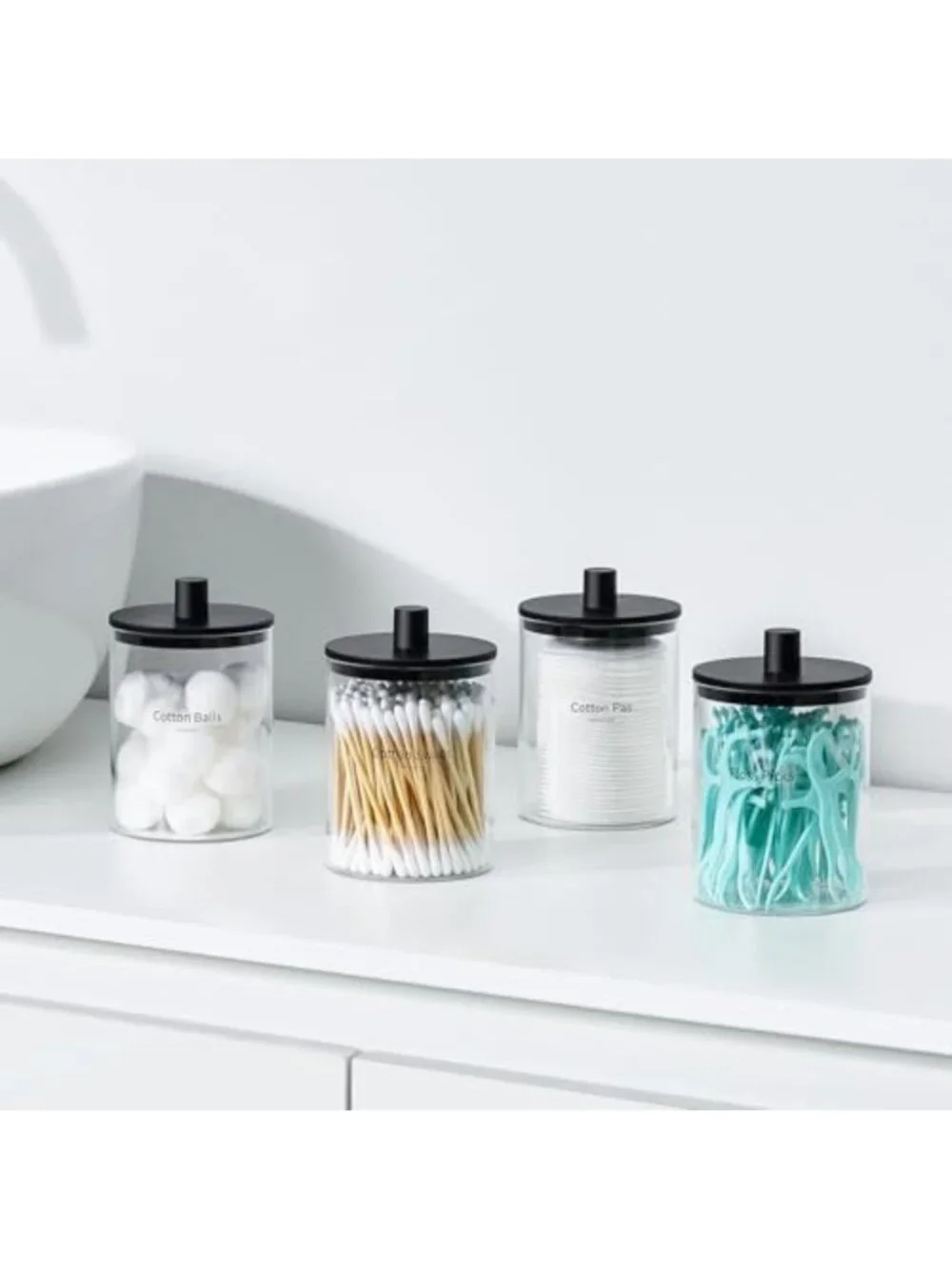 Clear Glass Qtip Holder Dispenser - 10 oz Apothecary Jar Set for Bathroom
